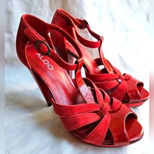 Aldo Red Strappy Women's Heels Genuine Leather Sandals Size 38 Made In Brazil